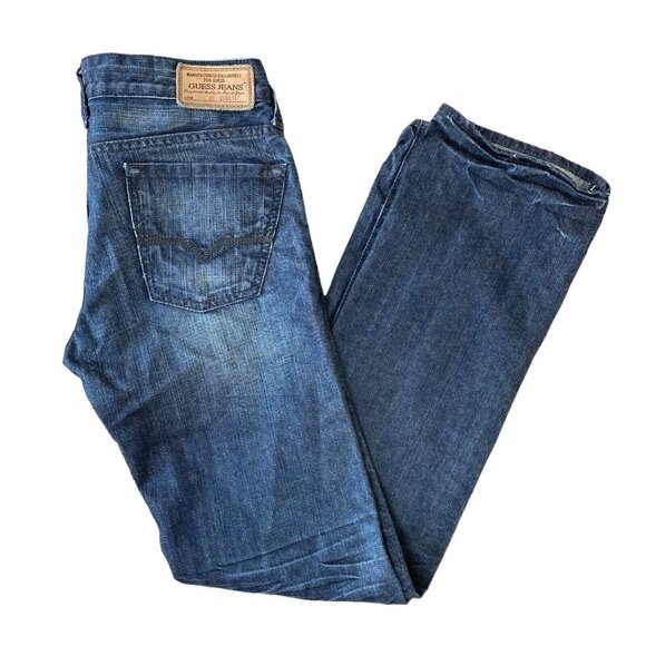 Guess Jeans Lincoln Slim Straight Mens 29x33 Dark Wash Whiskered Mid Rise - Picture 2 of 8